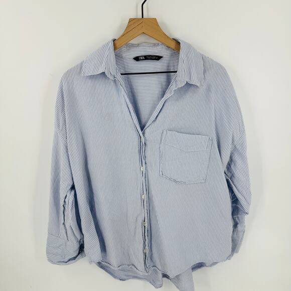 Zara Striped Button Down Shirt Blue White Cotton Relaxed Fit Collared Size L - Picture 6 of 7